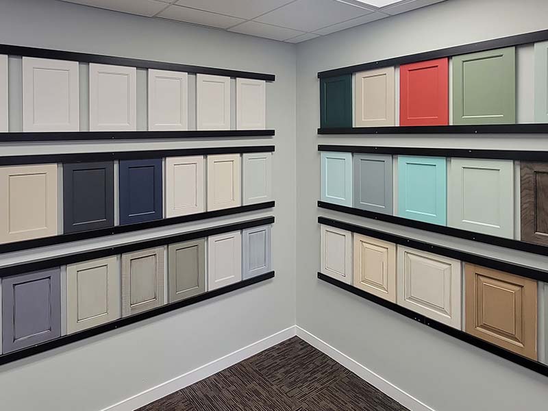 samples of differently painted and finished cabinets